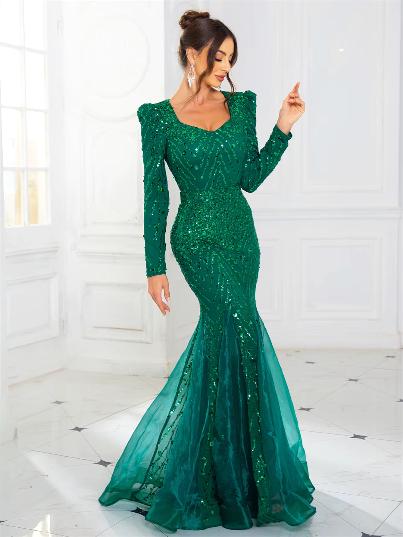 Elegant Full Sleeved Patchwork V Neck Fishtail Sparkle Sequined Evening Party Maxi Dress