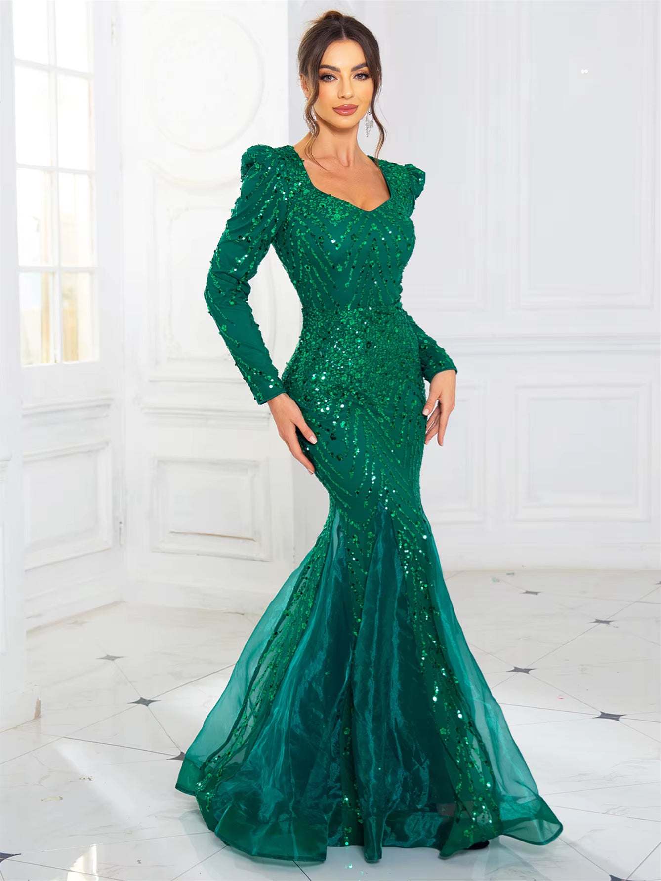Elegant Full Sleeved Patchwork V Neck Fishtail Sparkle Sequined Evening Party Maxi Dress