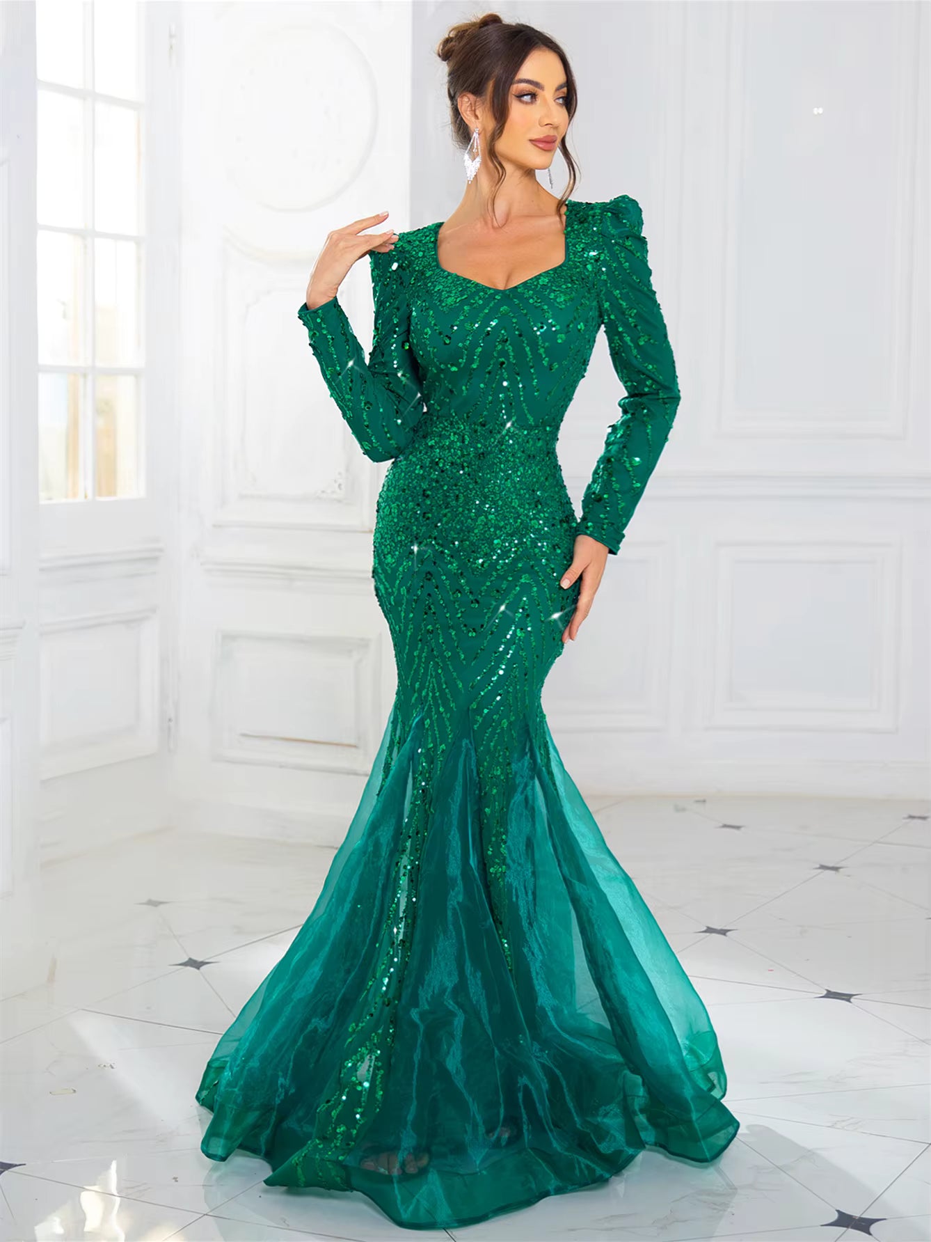 Elegant Full Sleeved Patchwork V Neck Fishtail Sparkle Sequined Evening Party Maxi Dress