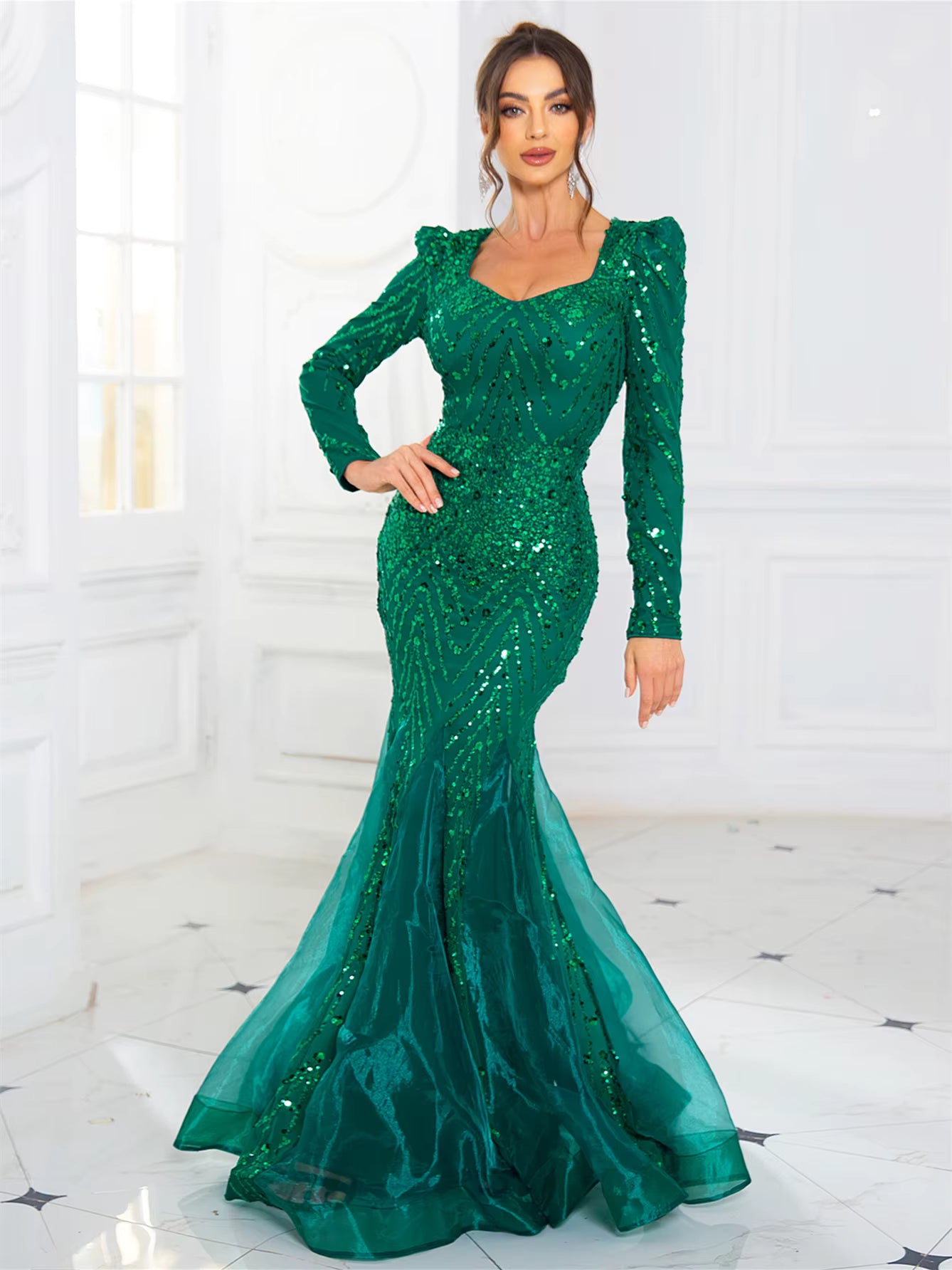 Elegant Full Sleeved Patchwork V Neck Fishtail Sparkle Sequined Evening Party Maxi Dress