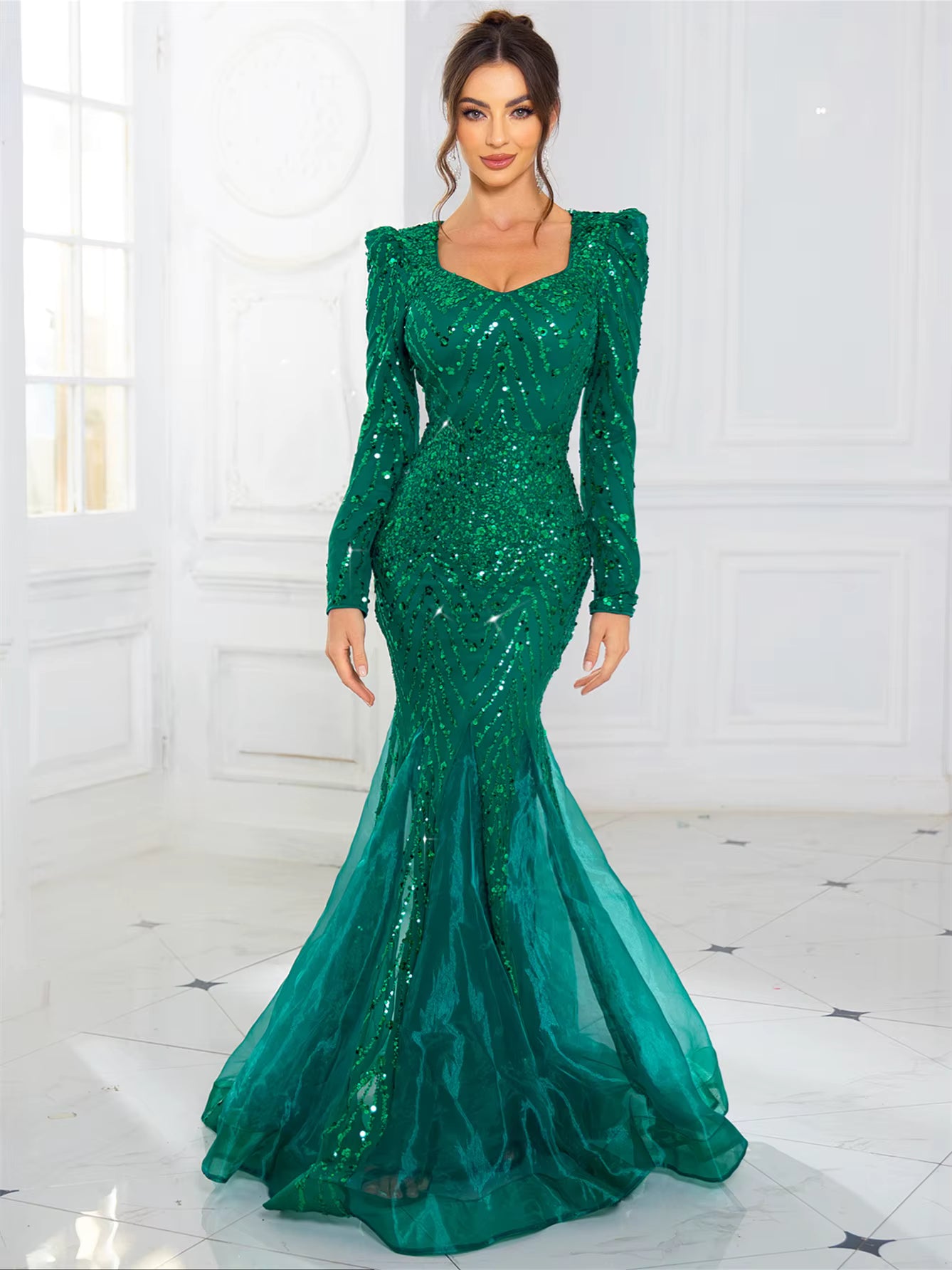 Elegant Full Sleeved Patchwork V Neck Fishtail Sparkle Sequined Evening Party Maxi Dress