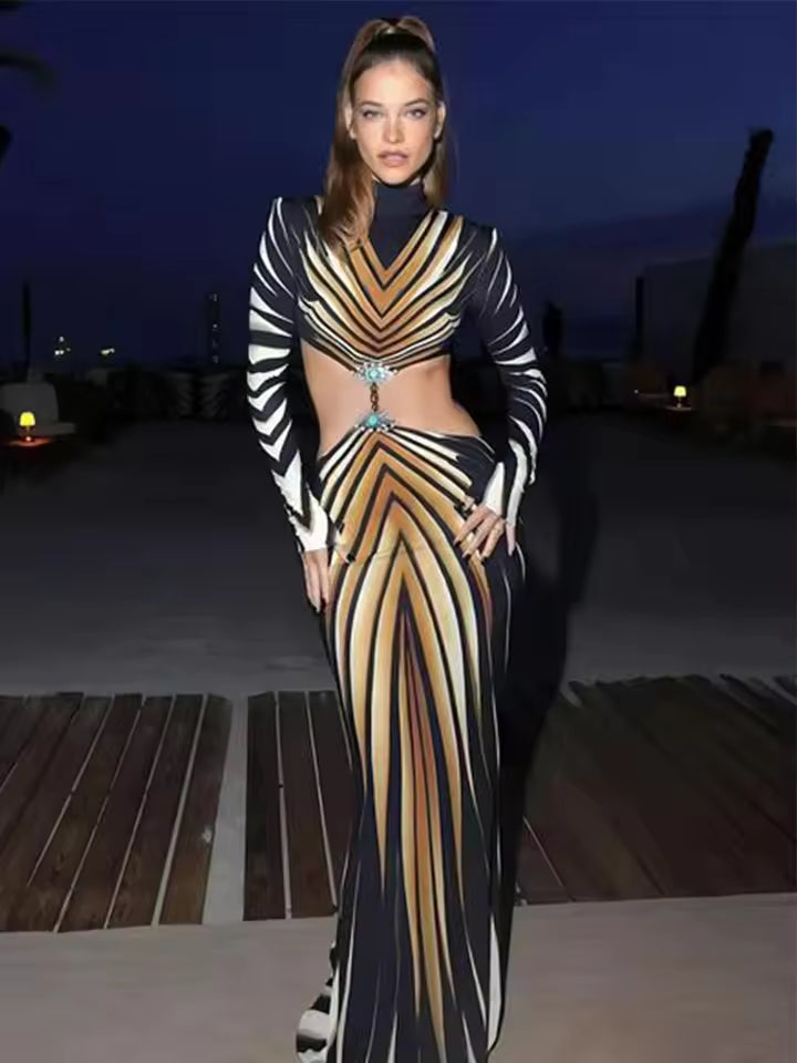 Elegant Full Sleeves Turtle Neck Hollow Out Printed Maxi Dress