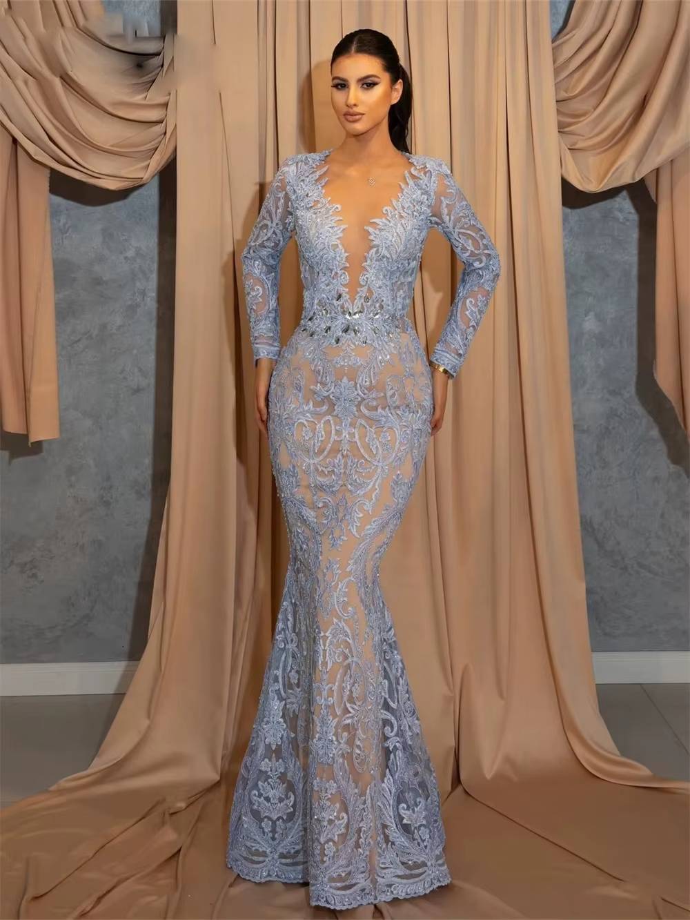 Elegant Full-sleeve Applique Glamorous Floor-Length Gown