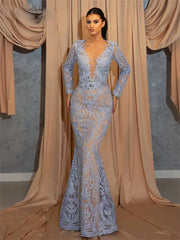 Elegant Full-sleeve Applique Glamorous Floor-Length Gown