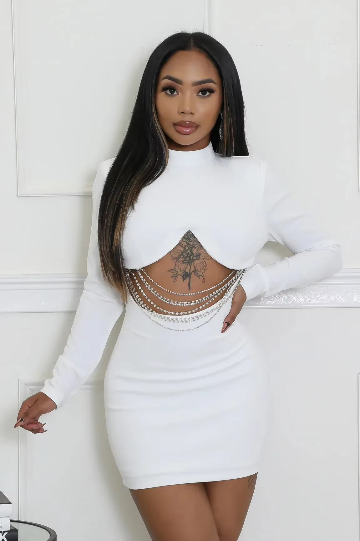 Elegant Full-sleeve Pullover High-neck Medium Stretch Mini Dress