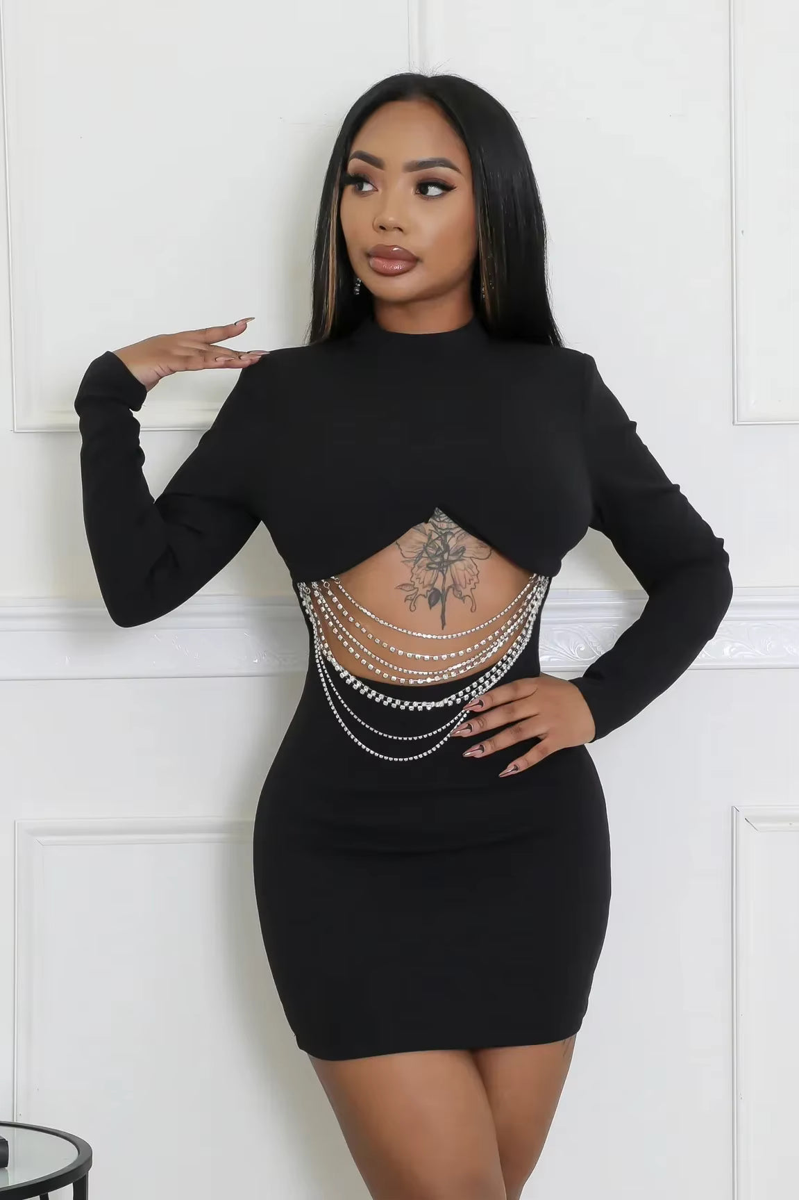 Elegant Full-sleeve Pullover High-neck Medium Stretch Mini Dress