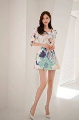 Elegant Full-sleeve Square Neck Retro Print Slim Office Party Mini Dress