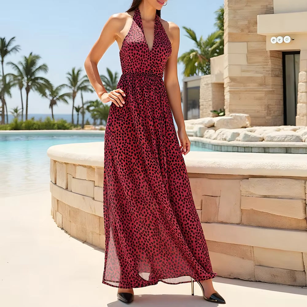 Elegant Gauze Ankle-Length Halter Neck Sleeveless Maxi Shift Dresses