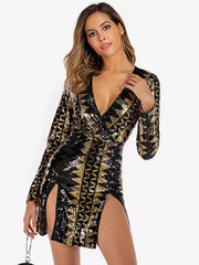 Elegant Geometric Pattern Deep V-neck Long Sleeve Sequin Mini Dress