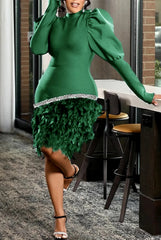 Elegant Glitter Feather Bubble Sleeves Party Dress