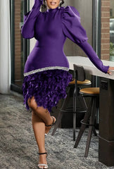 Elegant Glitter Feather Bubble Sleeves Party Dress