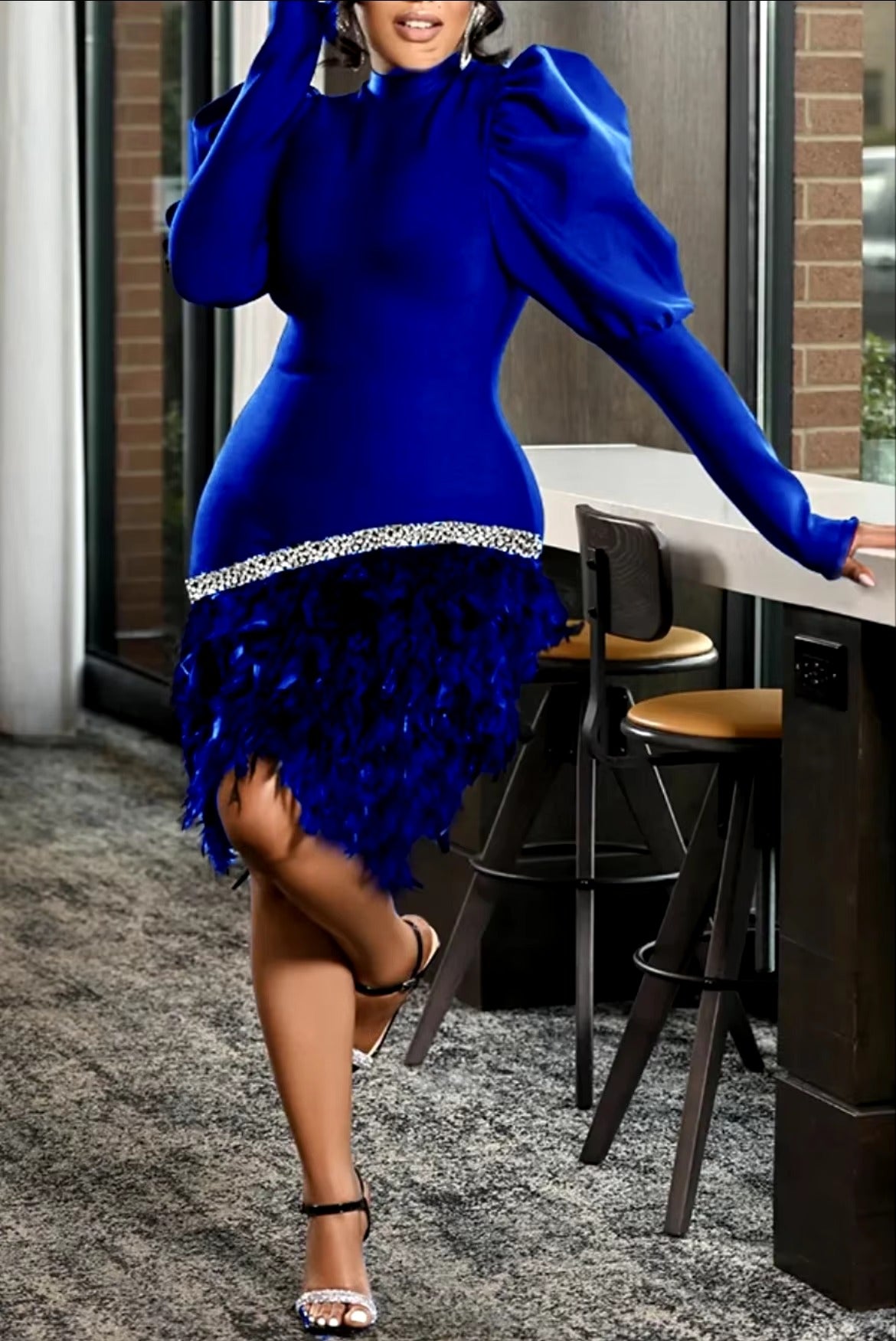 Elegant Glitter Feather Bubble Sleeves Party Dress