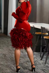 Elegant Glitter Feather Bubble Sleeves Party Dress