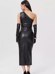Elegant Glove One Shoulder Bodycon Faux Leather Long Dress
