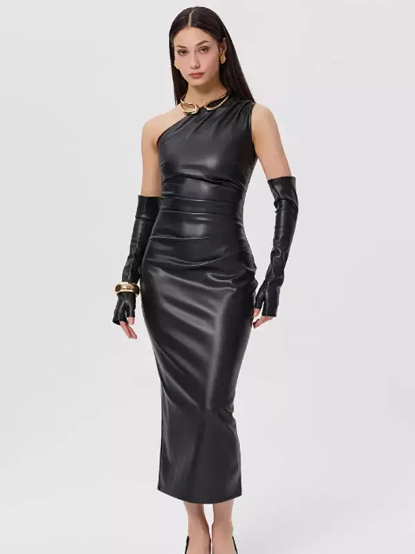 Elegant Glove One Shoulder Bodycon Faux Leather Long Dress