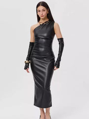 Elegant Glove One Shoulder Bodycon Faux Leather Long Dress