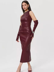 Elegant Glove One Shoulder Bodycon Faux Leather Long Dress