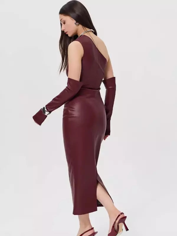 Elegant Glove One Shoulder Bodycon Faux Leather Long Dress