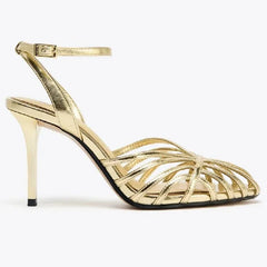 Elegant Gold Narrow Band Designer Brand Pumps Hollow Ankle Buckle Heel