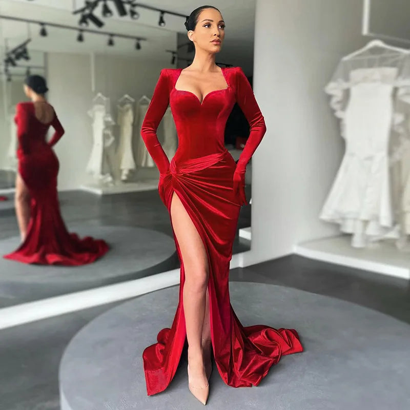 Elegant Gown Long Dress Evening Club Outfits Gloves Sleeve Velvet Slit Ruched Maxi Dresses