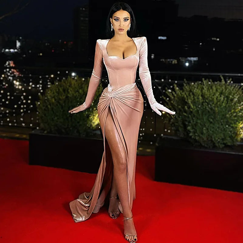 Elegant Gown Long Dress Evening Club Outfits Gloves Sleeve Velvet Slit Ruched Maxi Dresses