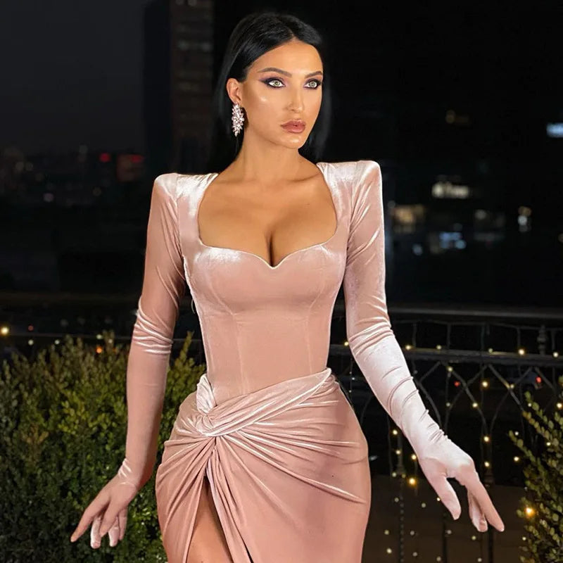 Elegant Gown Long Dress Evening Club Outfits Gloves Sleeve Velvet Slit Ruched Maxi Dresses