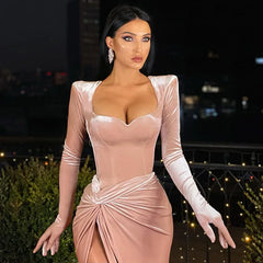 Elegant Gown Long Dress Evening Club Outfits Gloves Sleeve Velvet Slit Ruched Maxi Dresses