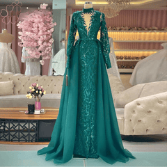 Elegant High Neck Long Sleeves Evening Night Dress