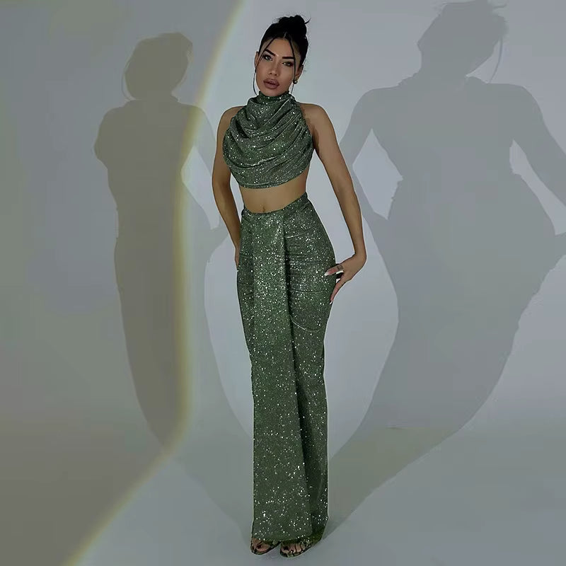 Elegant Half High Collar High Waist Open Navel Shining Two Piece Set