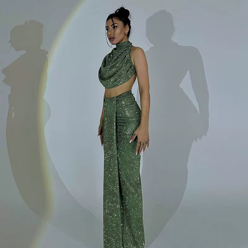 Elegant Half High Collar High Waist Open Navel Shining Two Piece Set