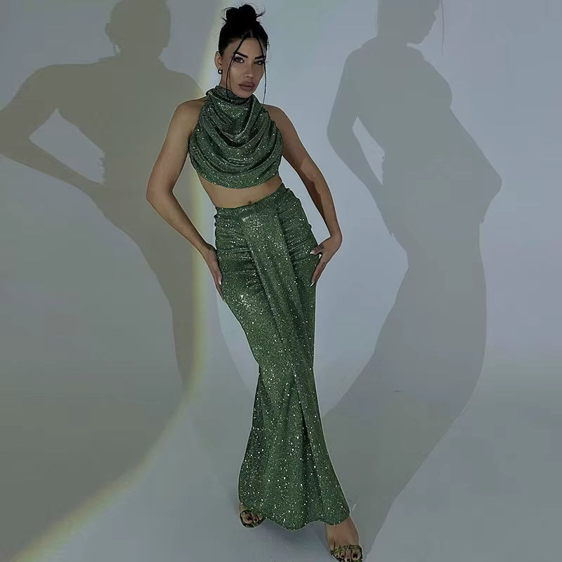 Elegant Half High Collar High Waist Open Navel Shining Two Piece Set