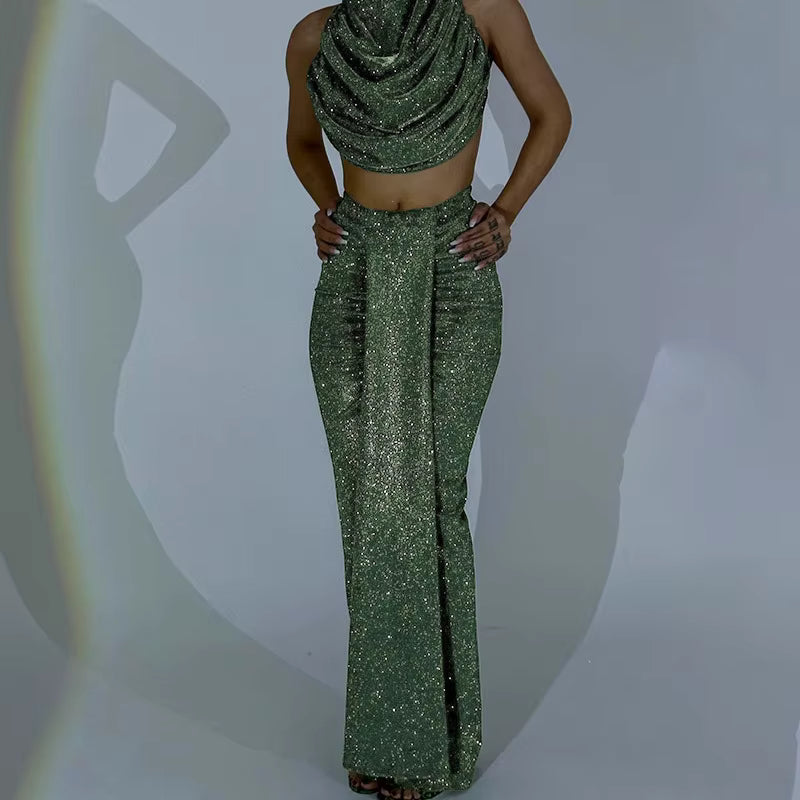 Elegant Half High Collar High Waist Open Navel Shining Two Piece Set