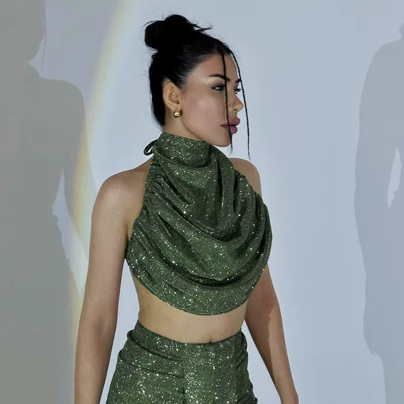 Elegant Half High Collar High Waist Open Navel Shining Two Piece Set