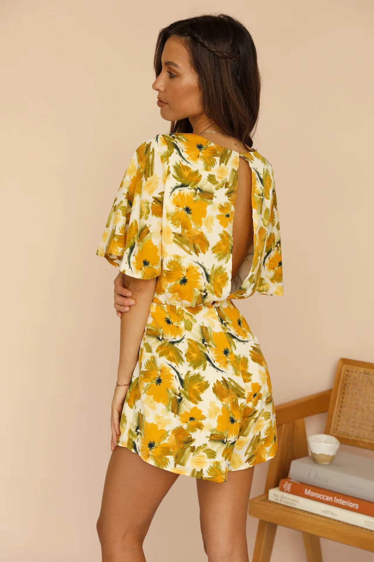 Elegant Half Sleeve Printed Back Split Strap Mid Waist Off Jumpsuit