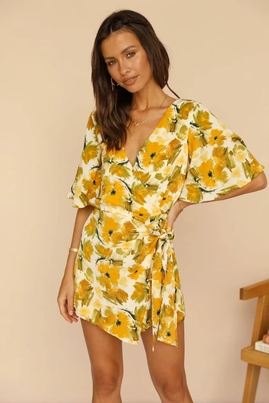 Elegant Half Sleeve Printed Back Split Strap Mid Waist Off Jumpsuit