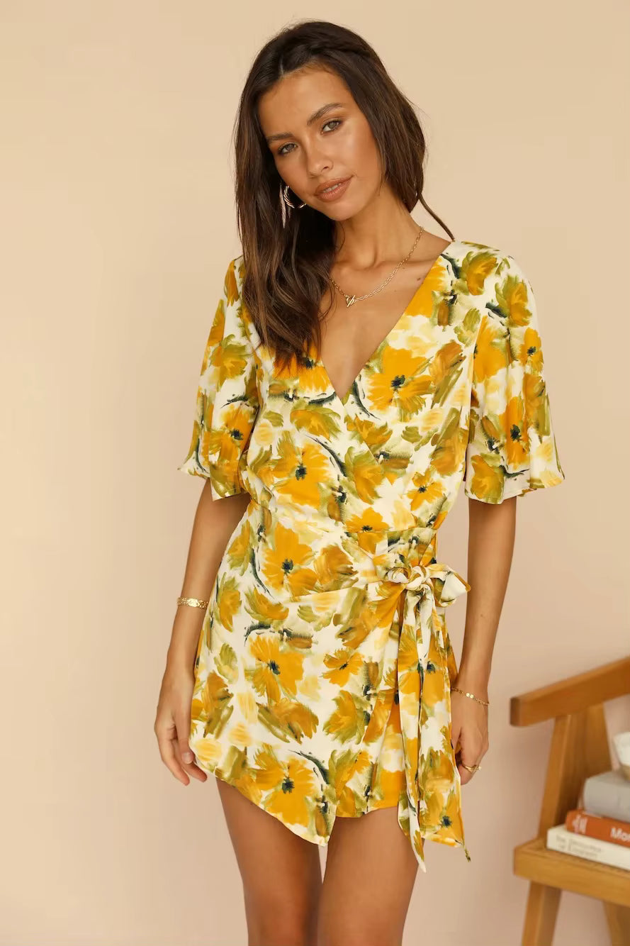 Elegant Half Sleeve Printed Back Split Strap Mid Waist Off Jumpsuit