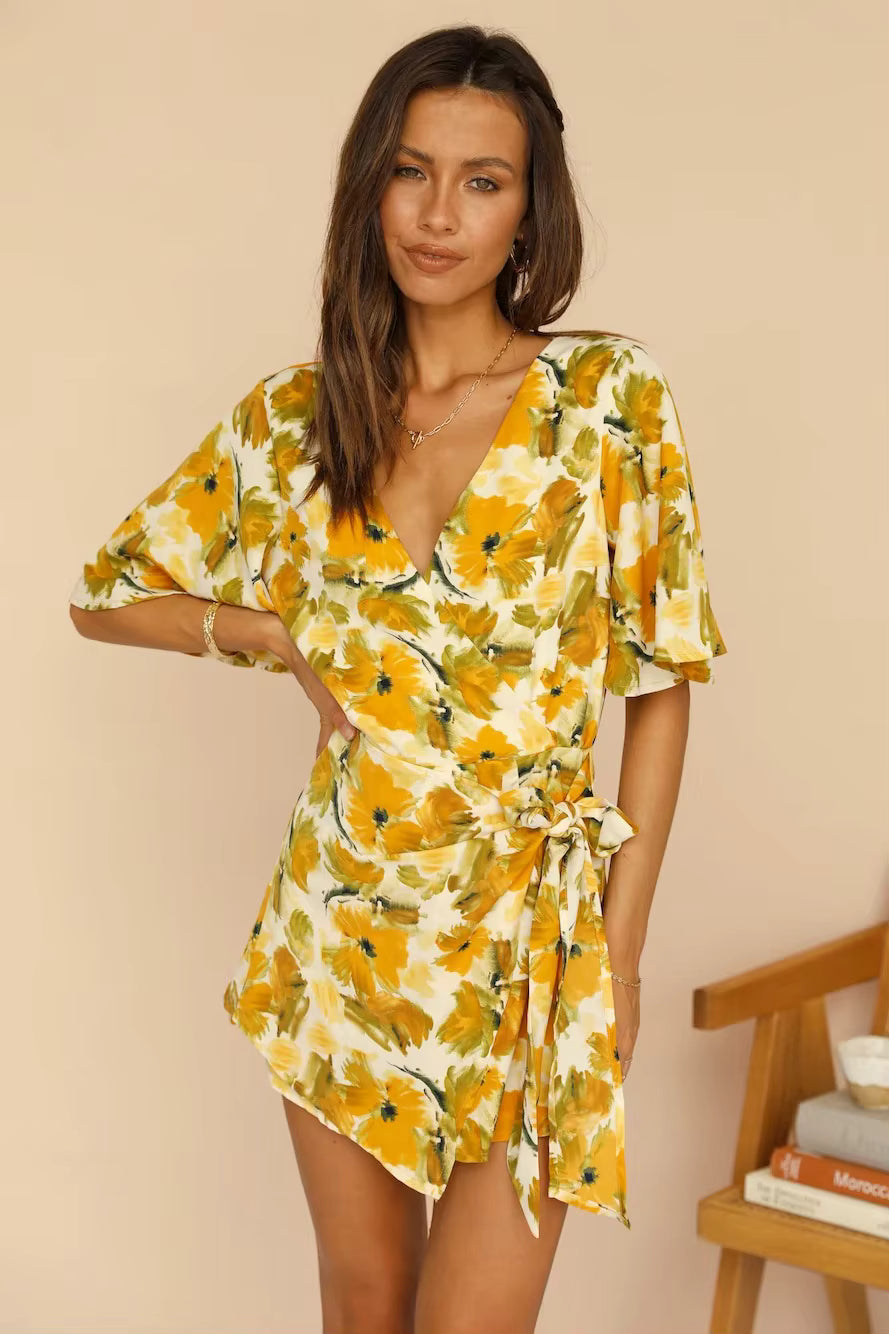 Elegant Half Sleeve Printed Back Split Strap Mid Waist Off Jumpsuit