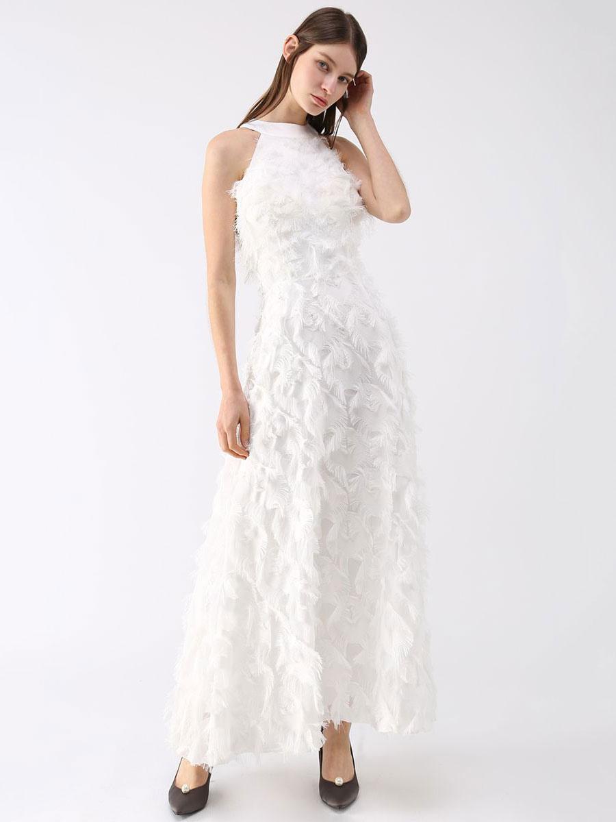 Elegant Halter A-Line Prom Sleeveless Feather Maxi Dresses