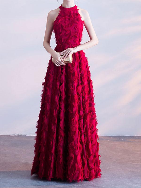 Elegant Halter A-Line Prom Sleeveless Feather Maxi Dresses