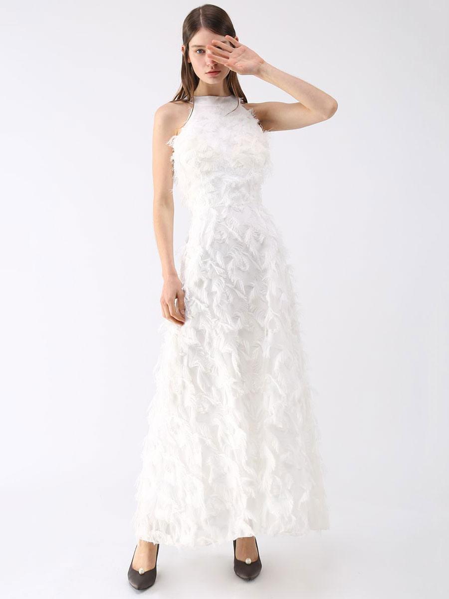Elegant Halter A-Line Prom Sleeveless Feather Maxi Dresses