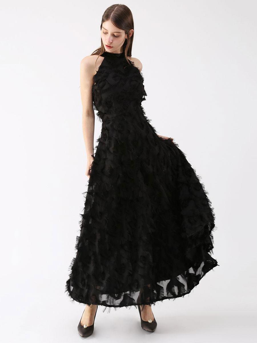 Elegant Halter A-Line Prom Sleeveless Feather Maxi Dresses
