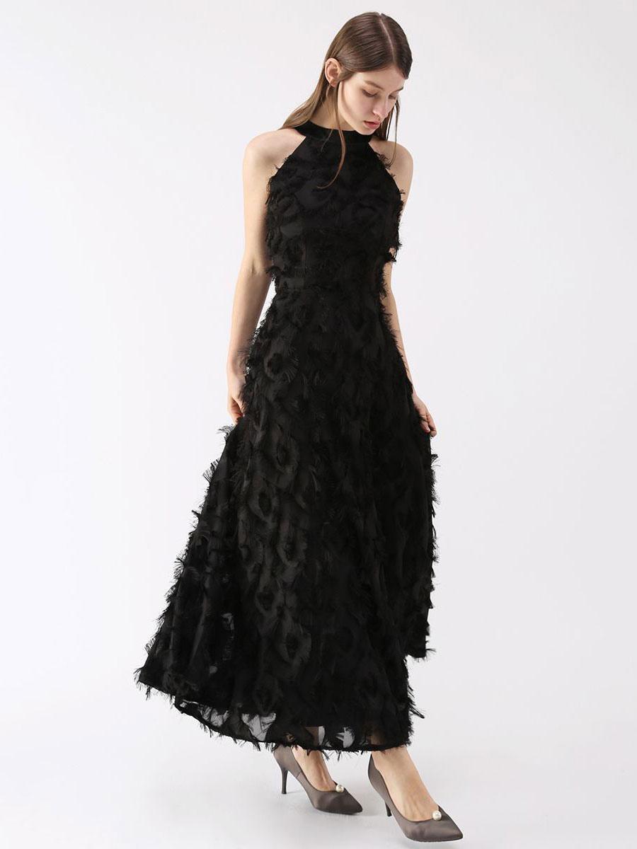 Elegant Halter A-Line Prom Sleeveless Feather Maxi Dresses