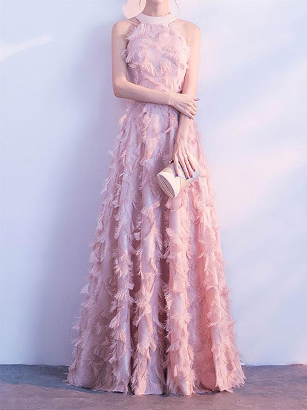 Elegant Halter A-Line Prom Sleeveless Feather Maxi Dresses