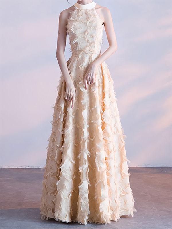 Elegant Halter A-Line Prom Sleeveless Feather Maxi Dresses