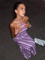 Elegant Halter Backless Halter Long Striped Night Club Ankle-Length Maxi Dress