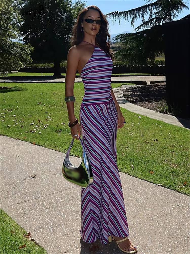 Elegant Halter Backless Halter Long Striped Night Club Ankle-Length Maxi Dress