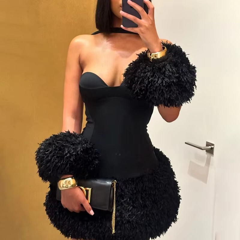 Elegant Halter Backless Party Fluff Patchwork Bodycon Mini Dress