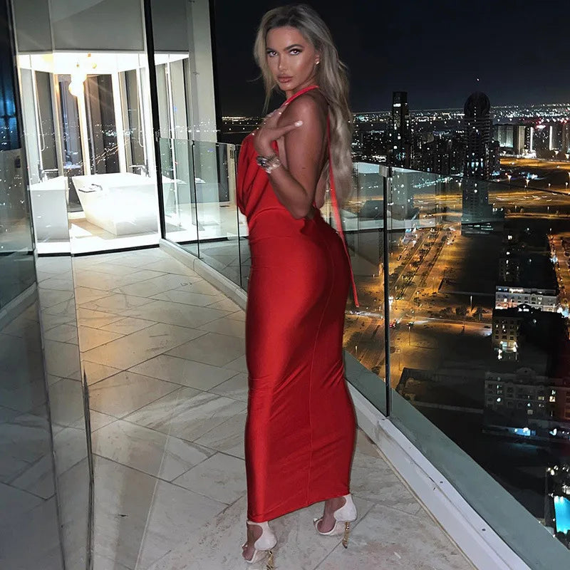 Elegant Halter Backless Party Outfits Evening Birthday Bodycon Maxi Dress