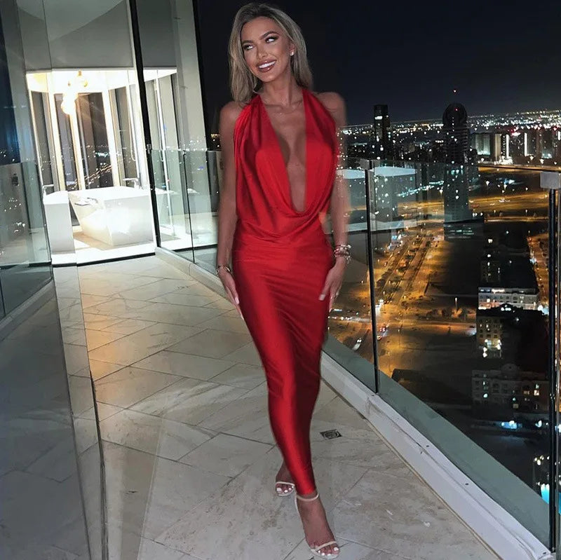 Elegant Halter Backless Party Outfits Evening Birthday Bodycon Maxi Dress