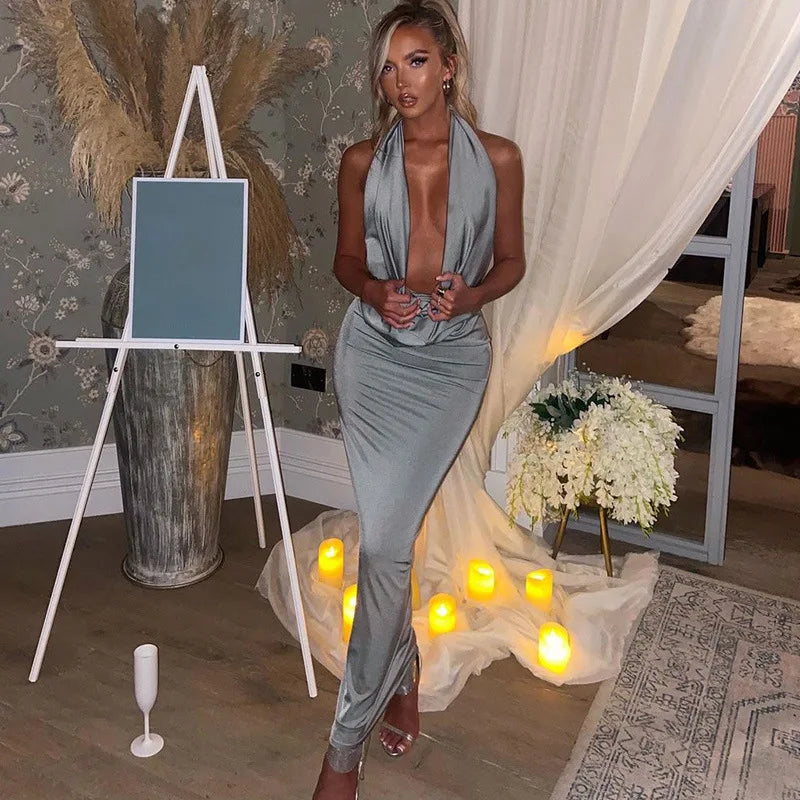 Elegant Halter Backless Party Outfits Evening Birthday Bodycon Maxi Dress